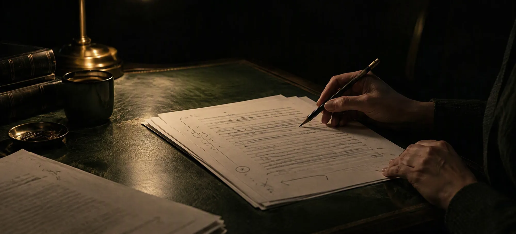 An editor's hand marking a printed manuscript at night under a brass lamp
