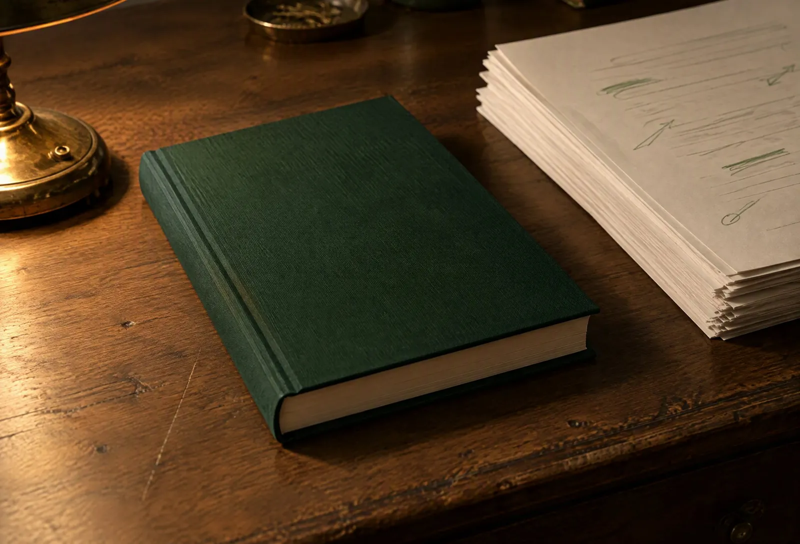 A green clothbound hardcover beside an edited manuscript under a brass desk lamp