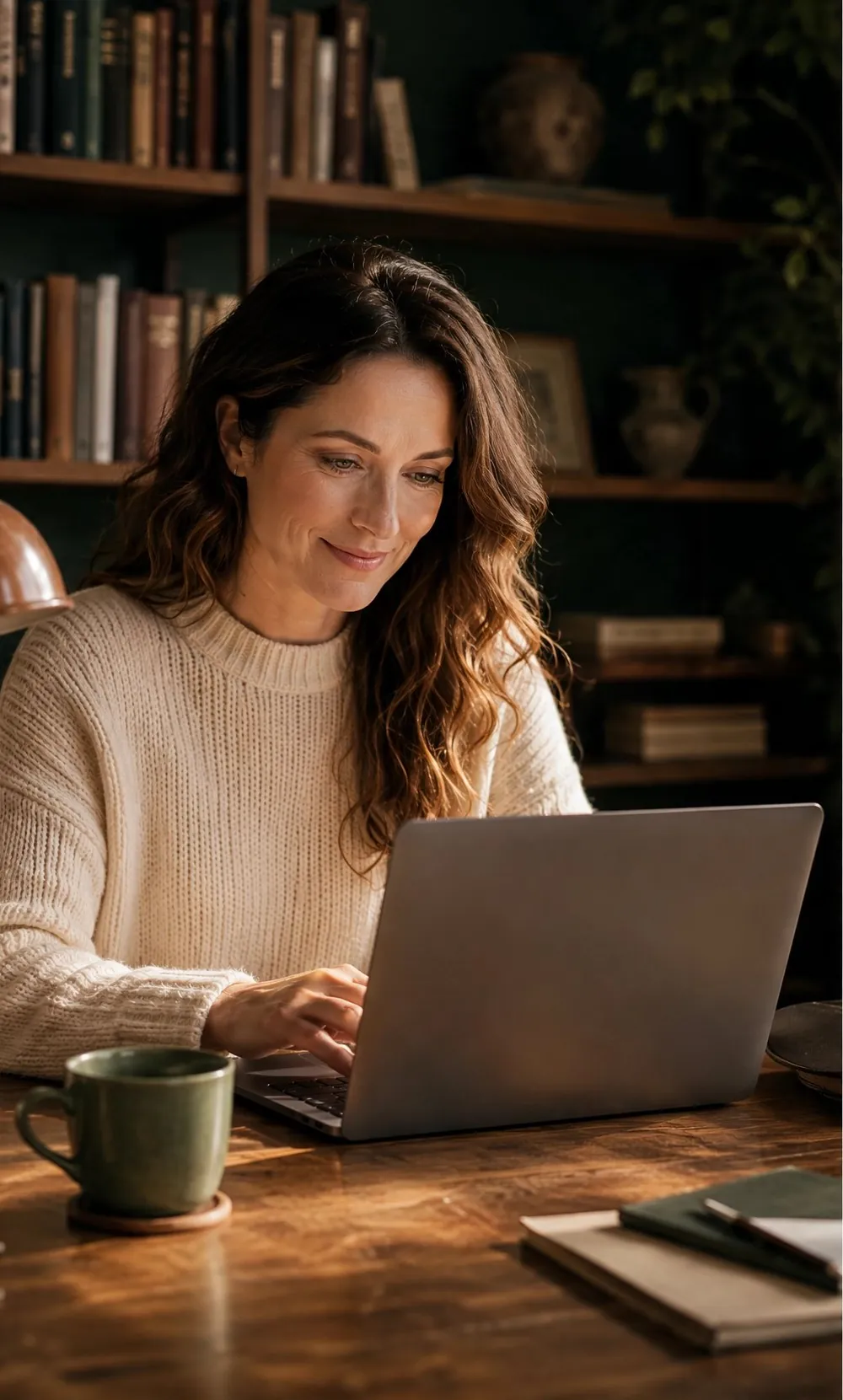 An author working on her laptop in a cosy study lined with books