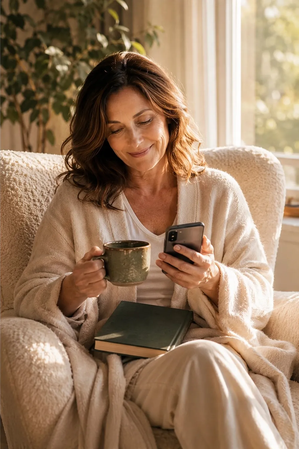 A reader in an armchair smiling at an email on her phone, tea in hand