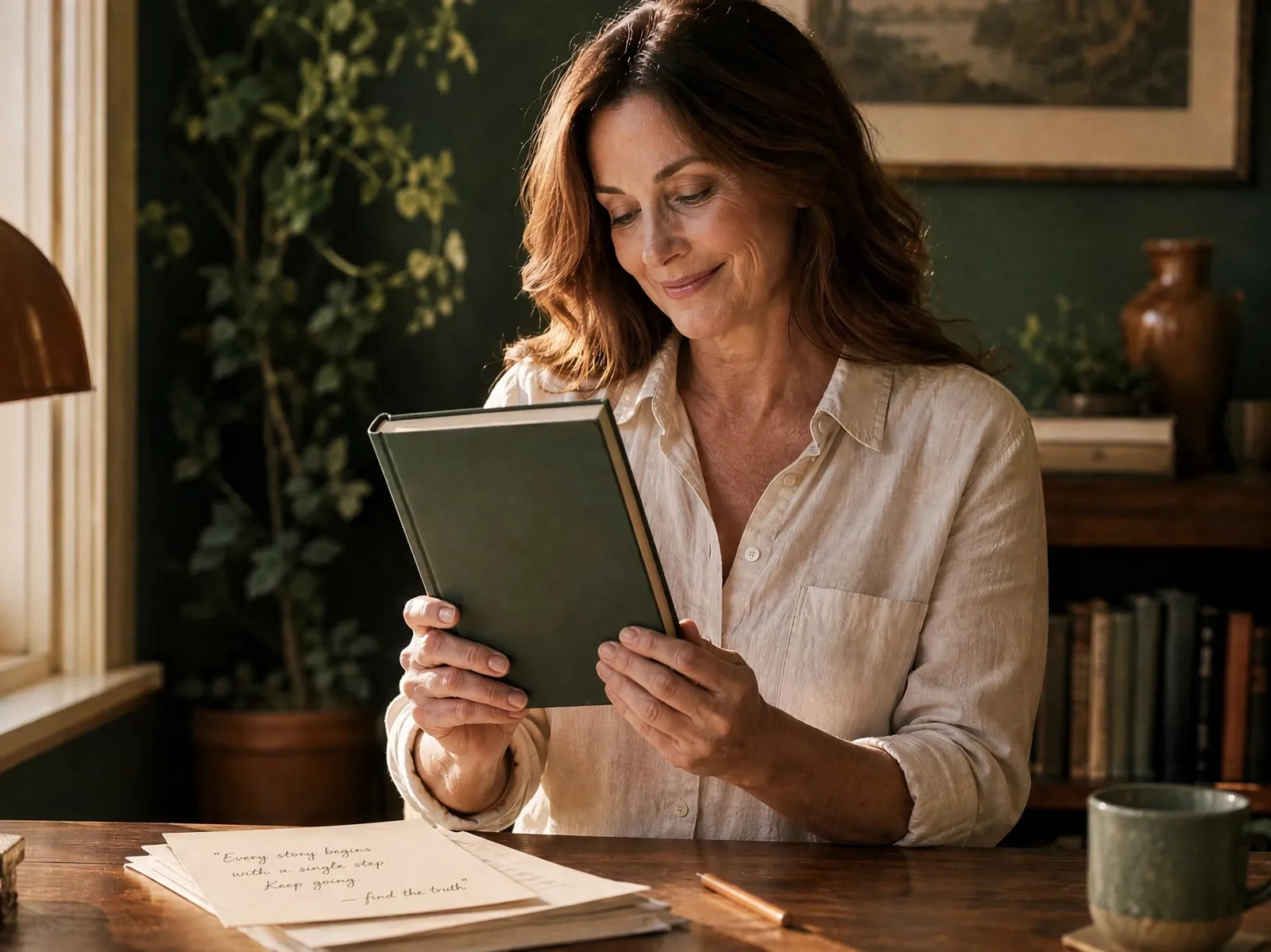 An author smiling at her newly printed book at her desk