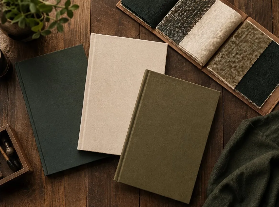 Cover proofs and cloth swatches on a designer's table