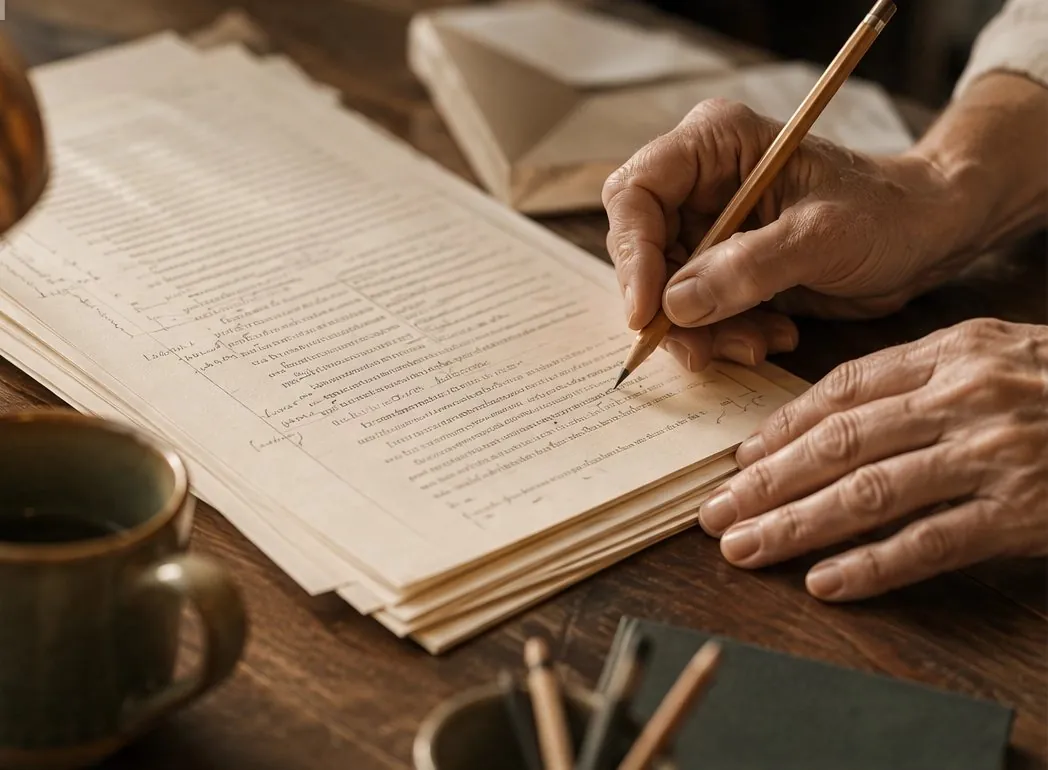 An editor marking printed manuscript pages with a pencil