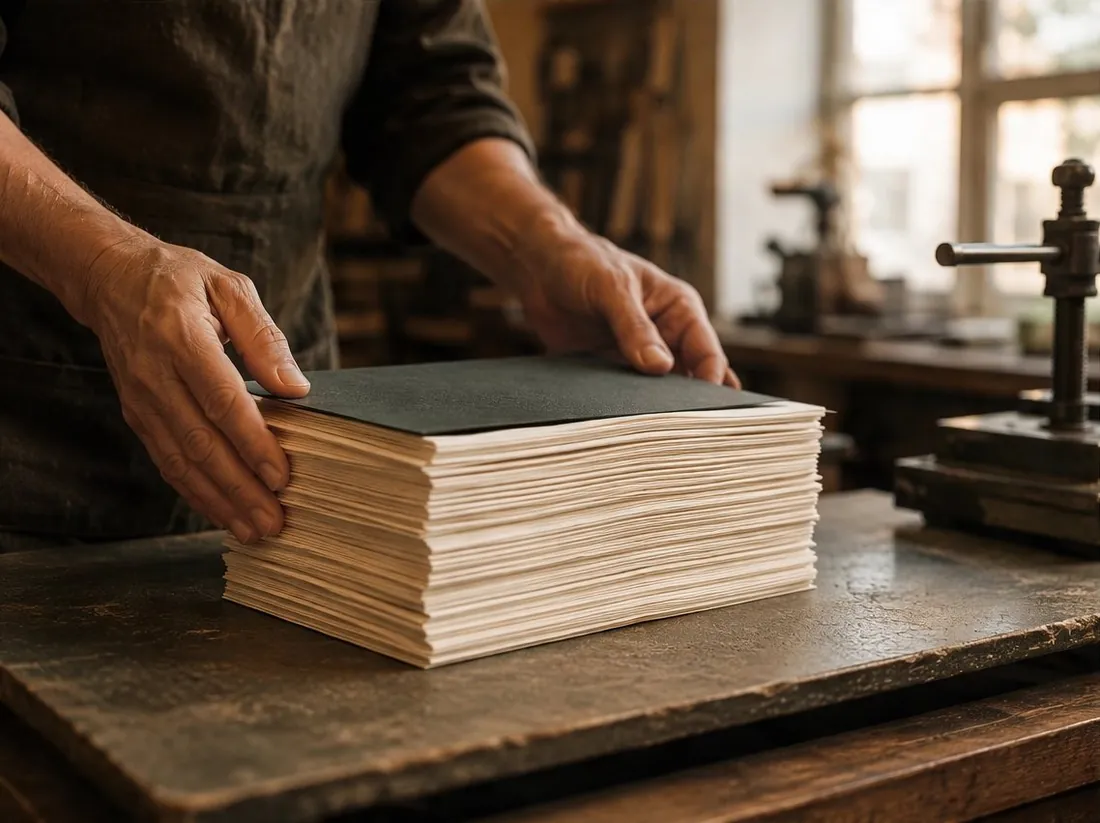 Hands checking a stack of freshly printed books