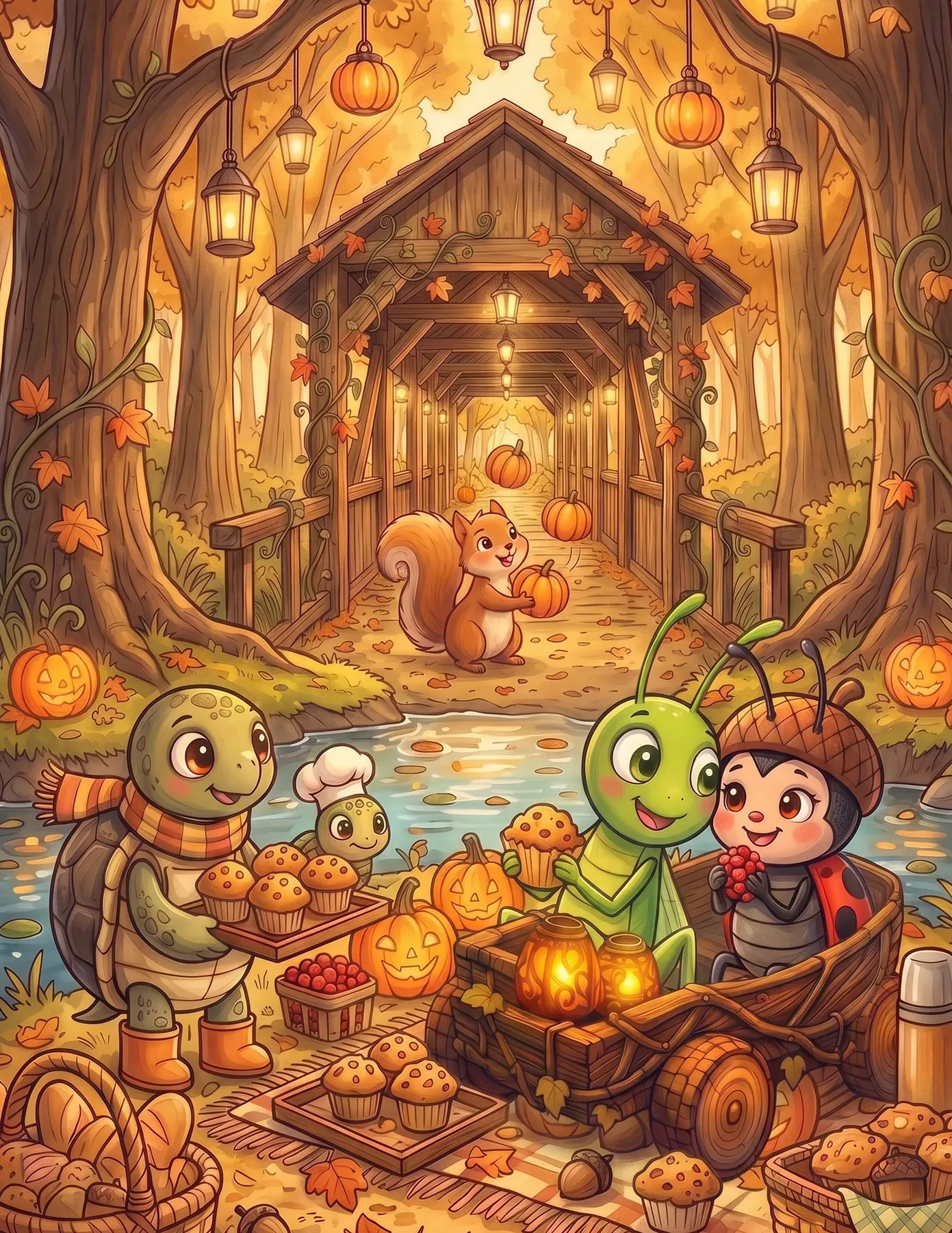A turtle, grasshopper and ladybug share muffins at an autumn picnic below a covered bridge