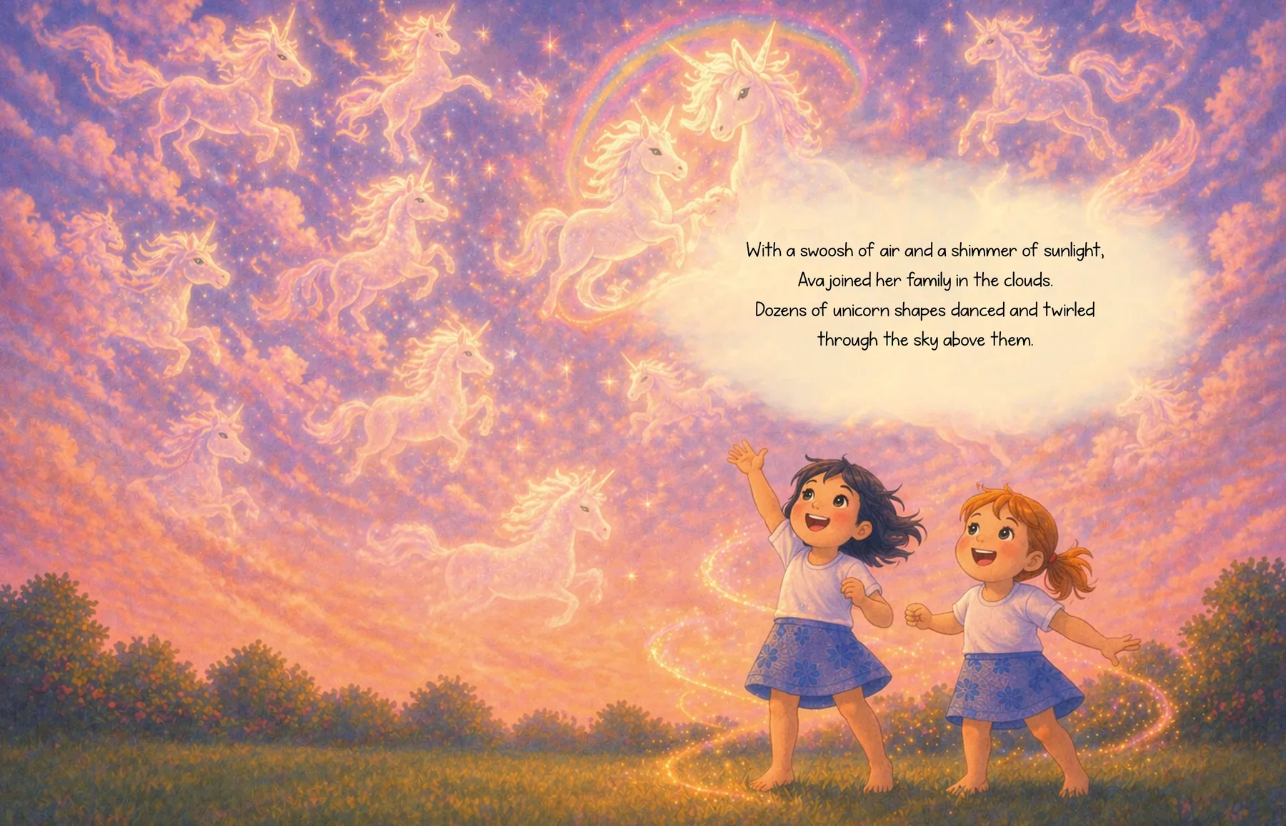 Picture book spread: Ava and a friend dance under a sunset sky filled with cloud unicorns