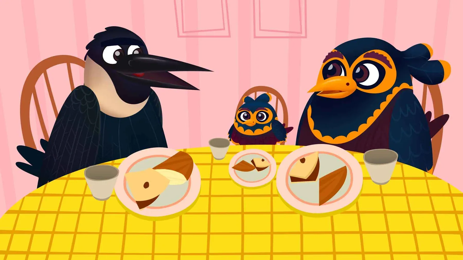 Cartoon bird family sharing pie at a yellow checked dinner table