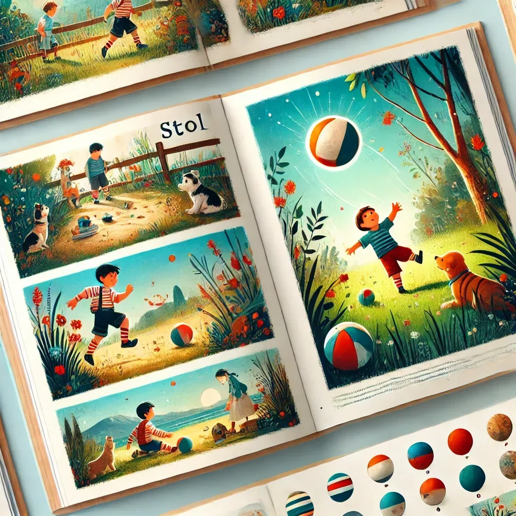 An open picture book with panels of a boy playing ball with his dog