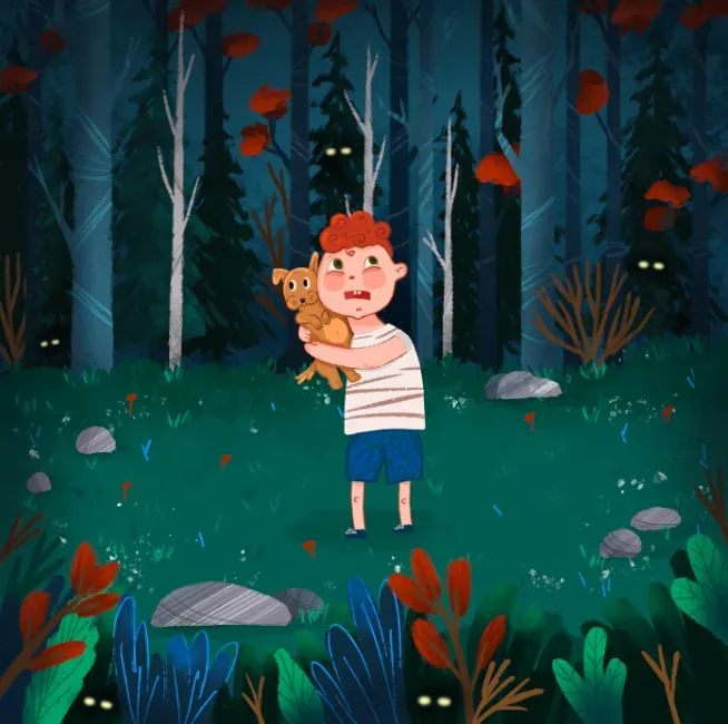 A worried boy holds his puppy in a dark forest full of watching eyes