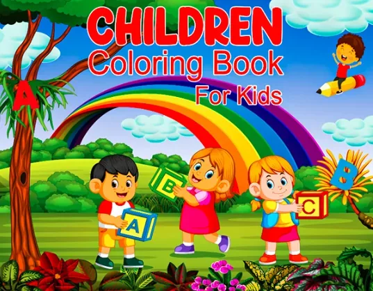 Bright coloring book cover with a rainbow and three children holding alphabet blocks