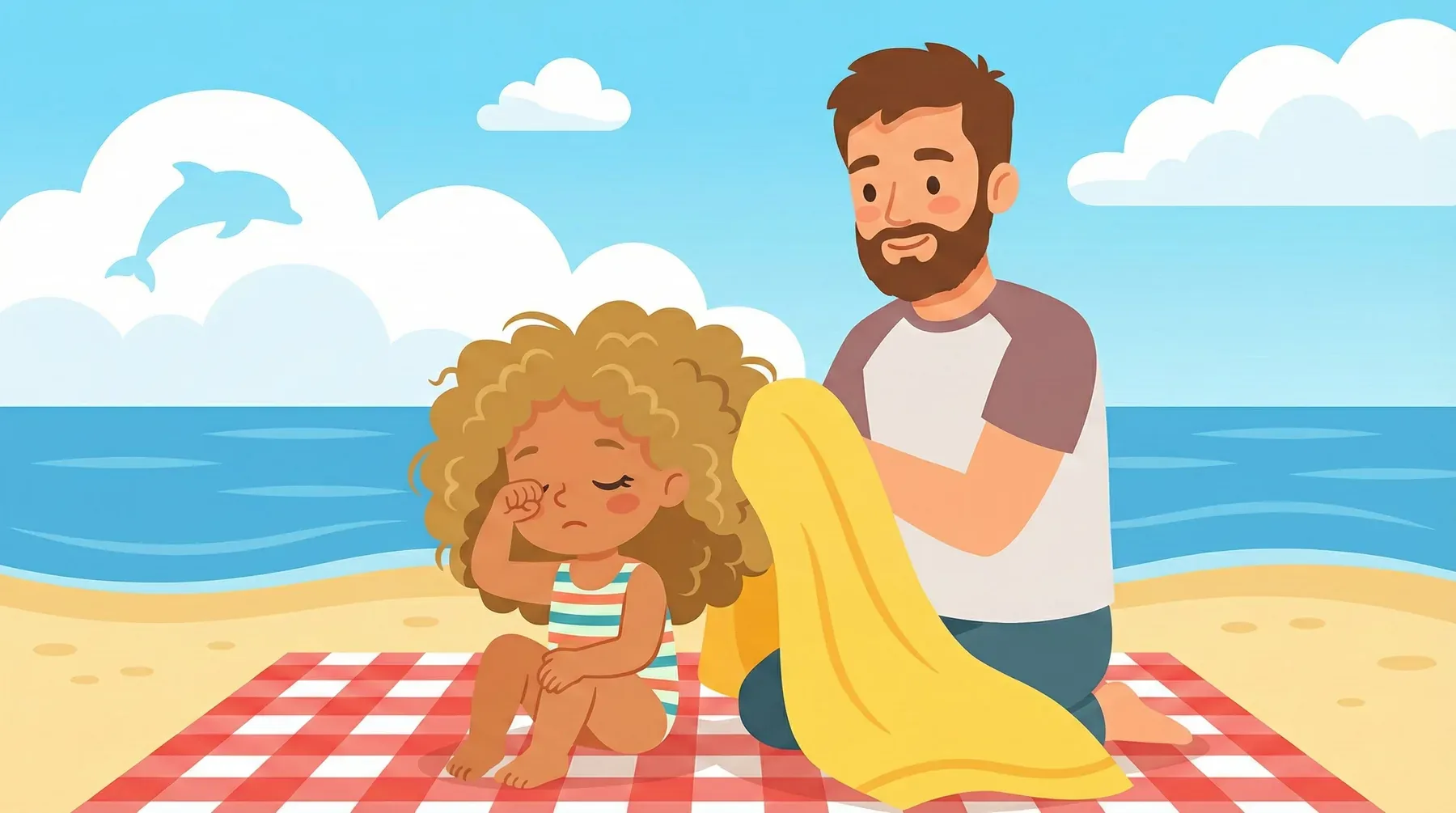 Flat vector illustration of a father wrapping his daughter in a towel at the beach