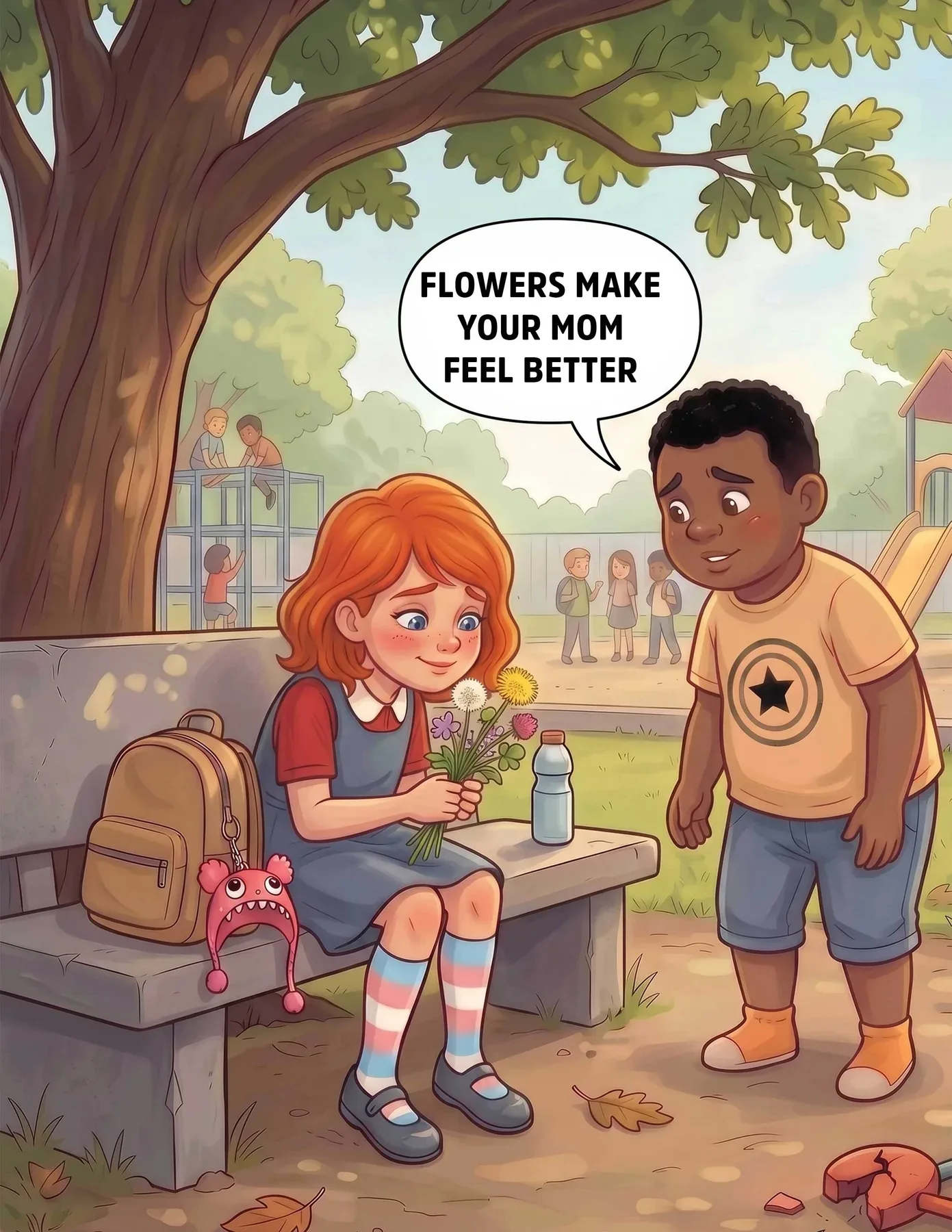 On a playground bench a boy tells a girl that flowers make your mom feel better