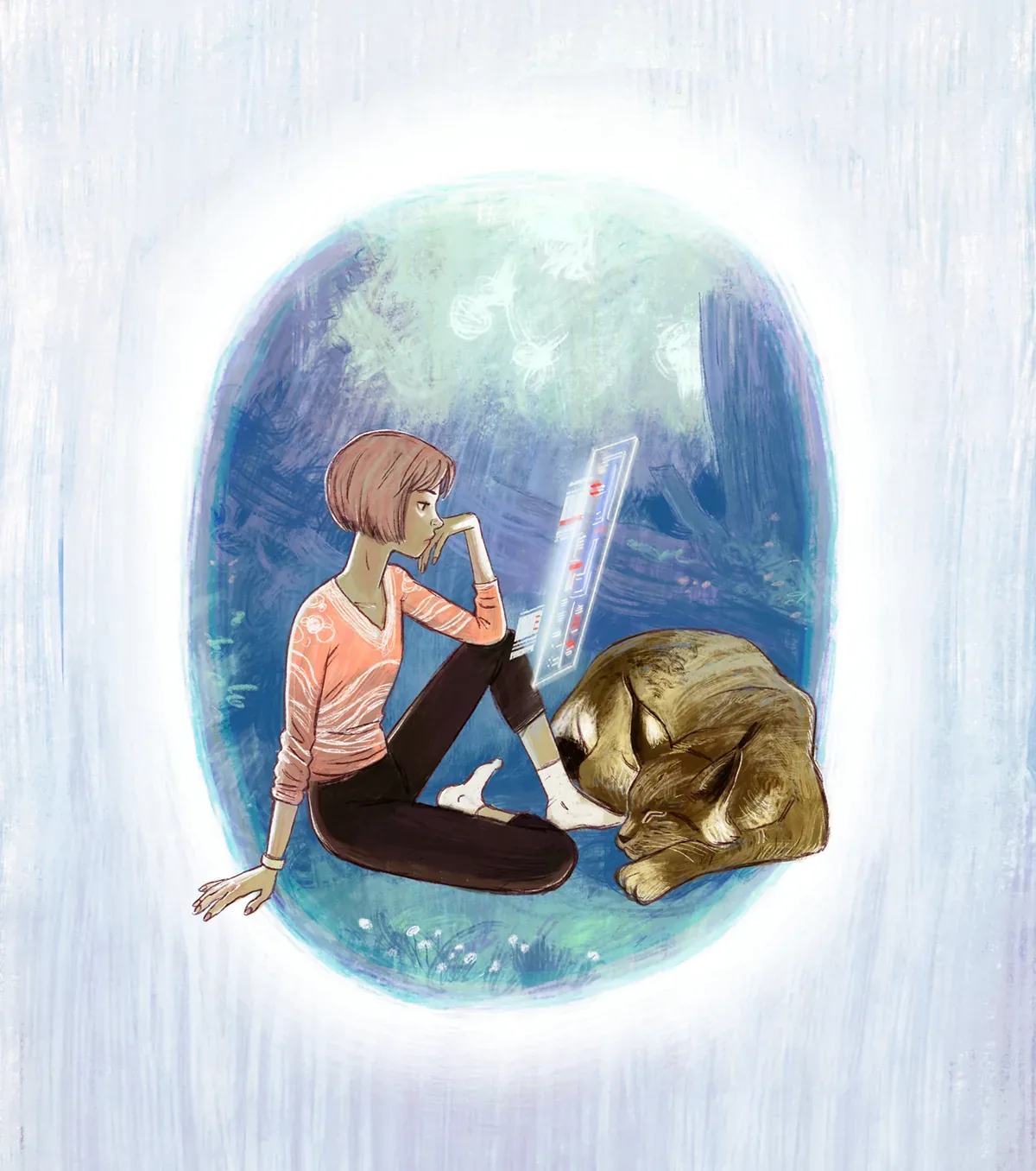 A girl reads a glowing screen beside a sleeping cat, framed in a soft blue circle