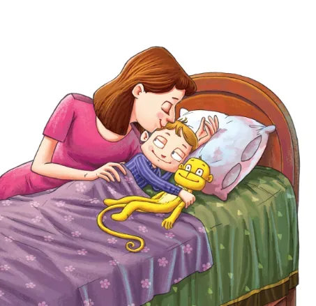 A mother kisses her son goodnight as he hugs a yellow toy monkey