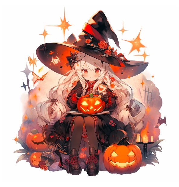 A small witch in a wide hat holds a glowing jack-o-lantern among pumpkins and stars