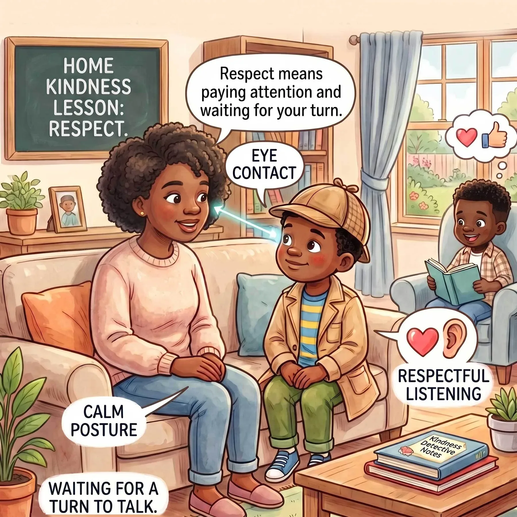 A mother and son practise respectful listening, with labelled callouts like eye contact and calm posture