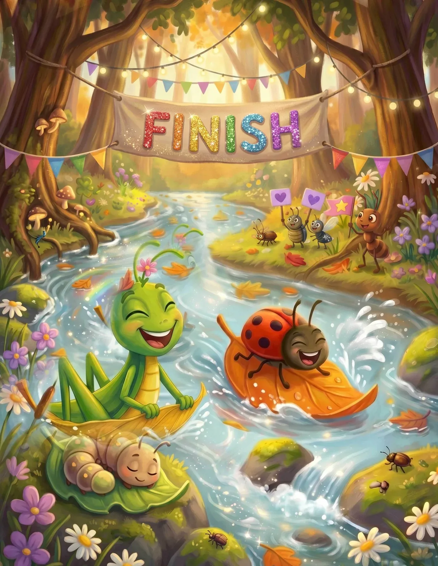 The same insects reach a forest finish line under a hand-lettered banner