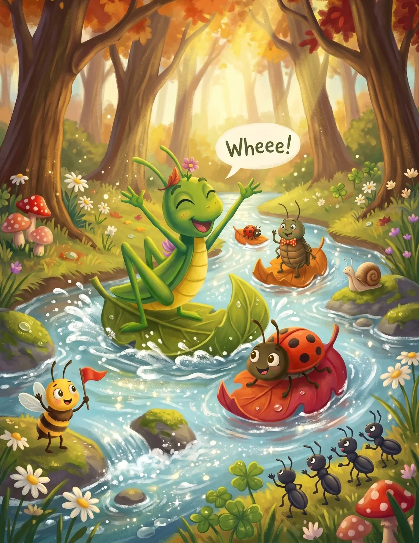 A grasshopper shouts Wheee as insects race on leaf boats down a stream