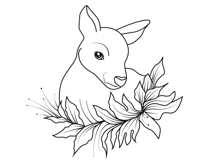 Line drawing of a young deer among leaves, ready for coloring