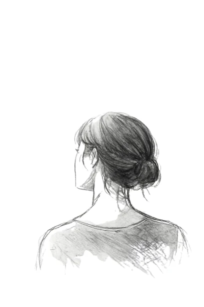 Pencil study of a woman seen from behind, hair in a low bun