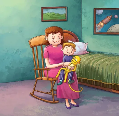 The same mother rocks her son and his yellow monkey in a rocking chair