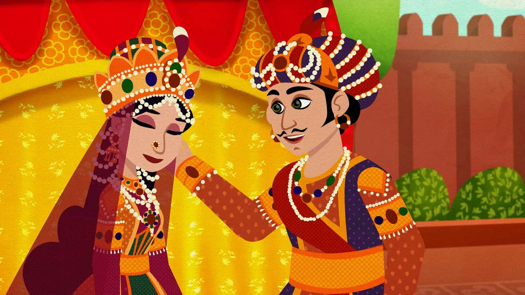 Flat vector illustration of a royal couple in traditional dress under an ornate canopy