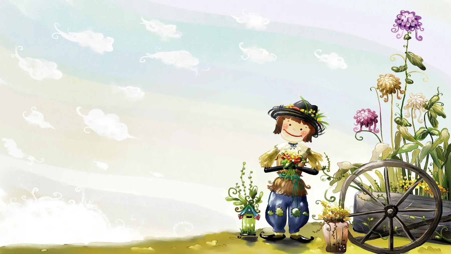 Watercolor scarecrow standing in a garden beside tall flowers and a cart wheel