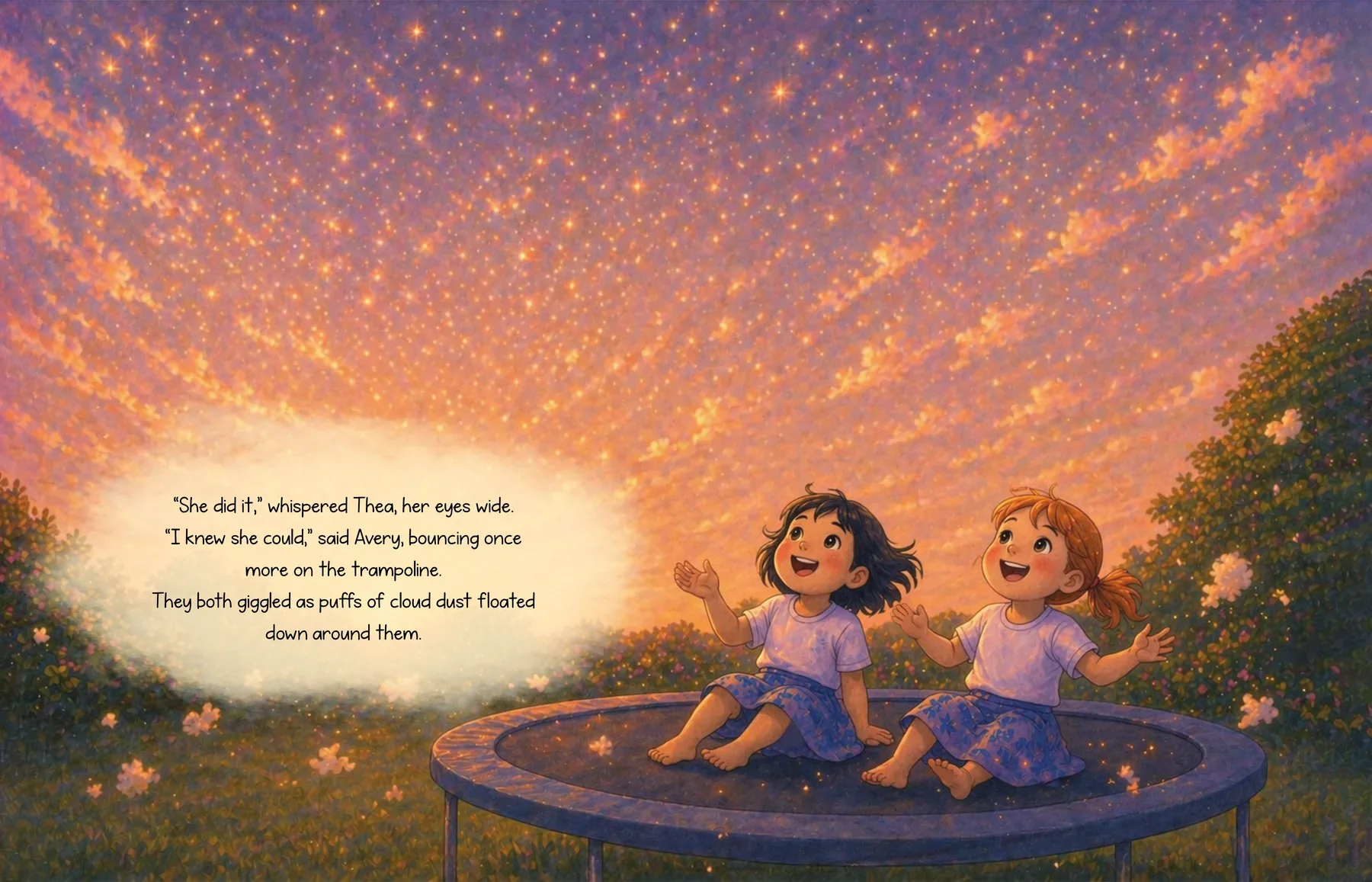 Two girls bounce on a trampoline at dusk under a glowing sky, with story text set in a cloud
