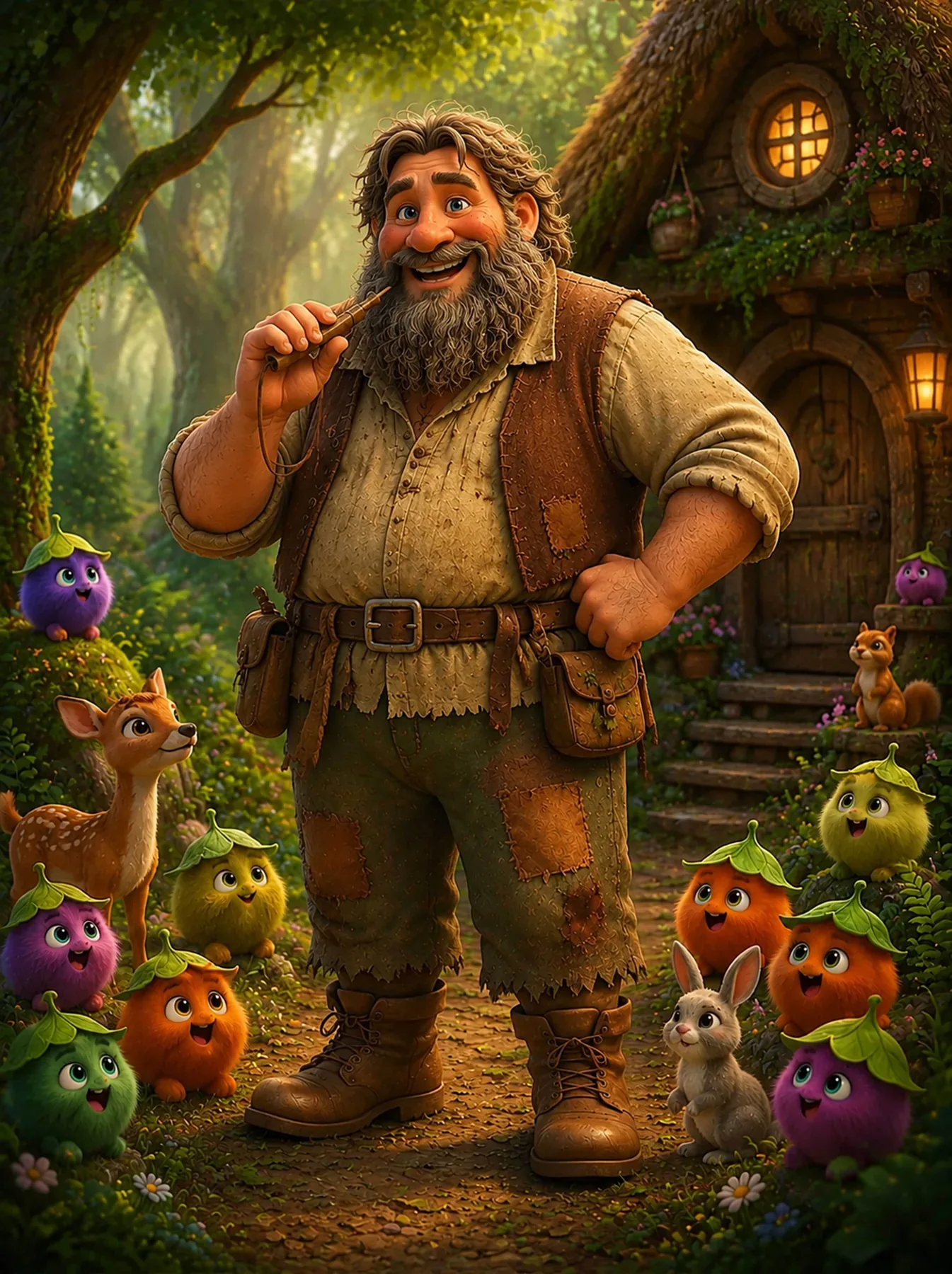 A bearded woodsman stands in a forest surrounded by small round creatures, a fawn and a rabbit