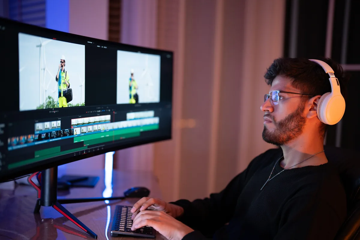 An editor cutting a video on a large monitor at night