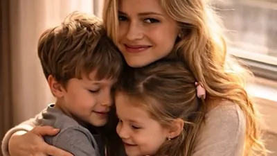 A mother hugging her son and daughter