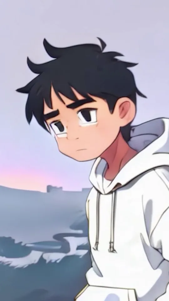An animated boy in a white hoodie on a rocky shore