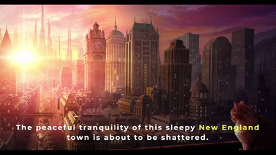 A painted city skyline at sunset